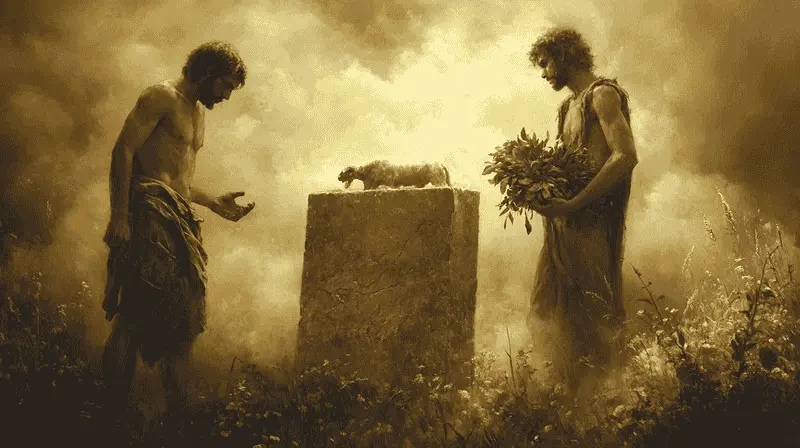 Cain and Abel, standing on either side of an altar, presenting their respective offerings under a cloudy, dramatic sky.