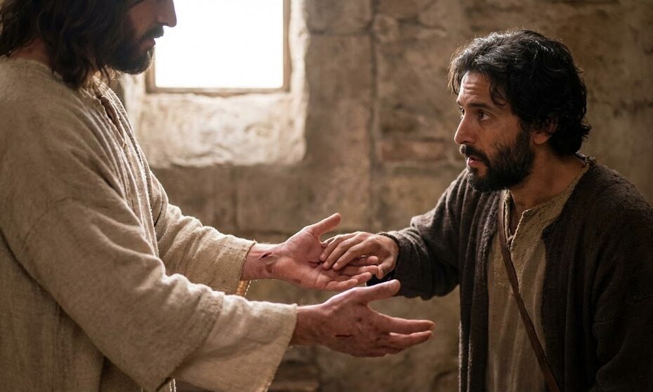 A biblical scene depicting Jesus Christ gently extending his scarred hands toward a kneeling disciple, Thomas, inviting him to witness the marks of the crucifixion.