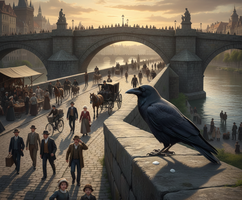 A crow is perched on a bridge, dropping waste.