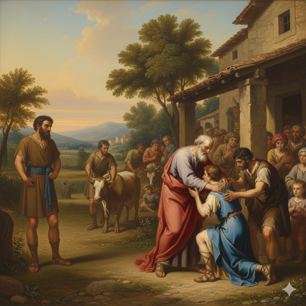 Image of the father receiving the younger son with people around them. While on the other hand, the elder son stayed far off with disappointment.