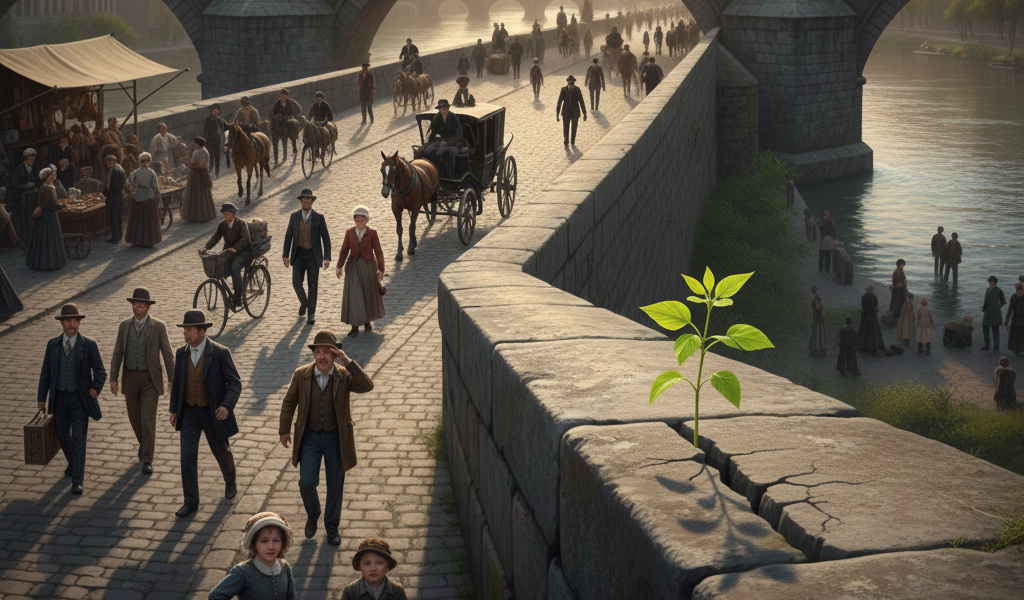 A plant growing on the bridge because of the waste of the crow.