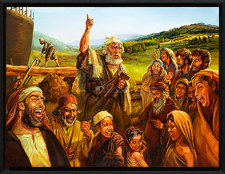 A painting depicting Noah, standing with his hand raised, preaching to a large crowd of people who are laughing and mocking him while the Ark is being built in the background.