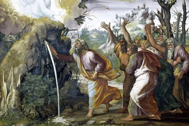 Moses striking the rock to produce water for the thirsty Israelites, surrounded by a group of men reacting with awe and relief in a fresco style painting.
