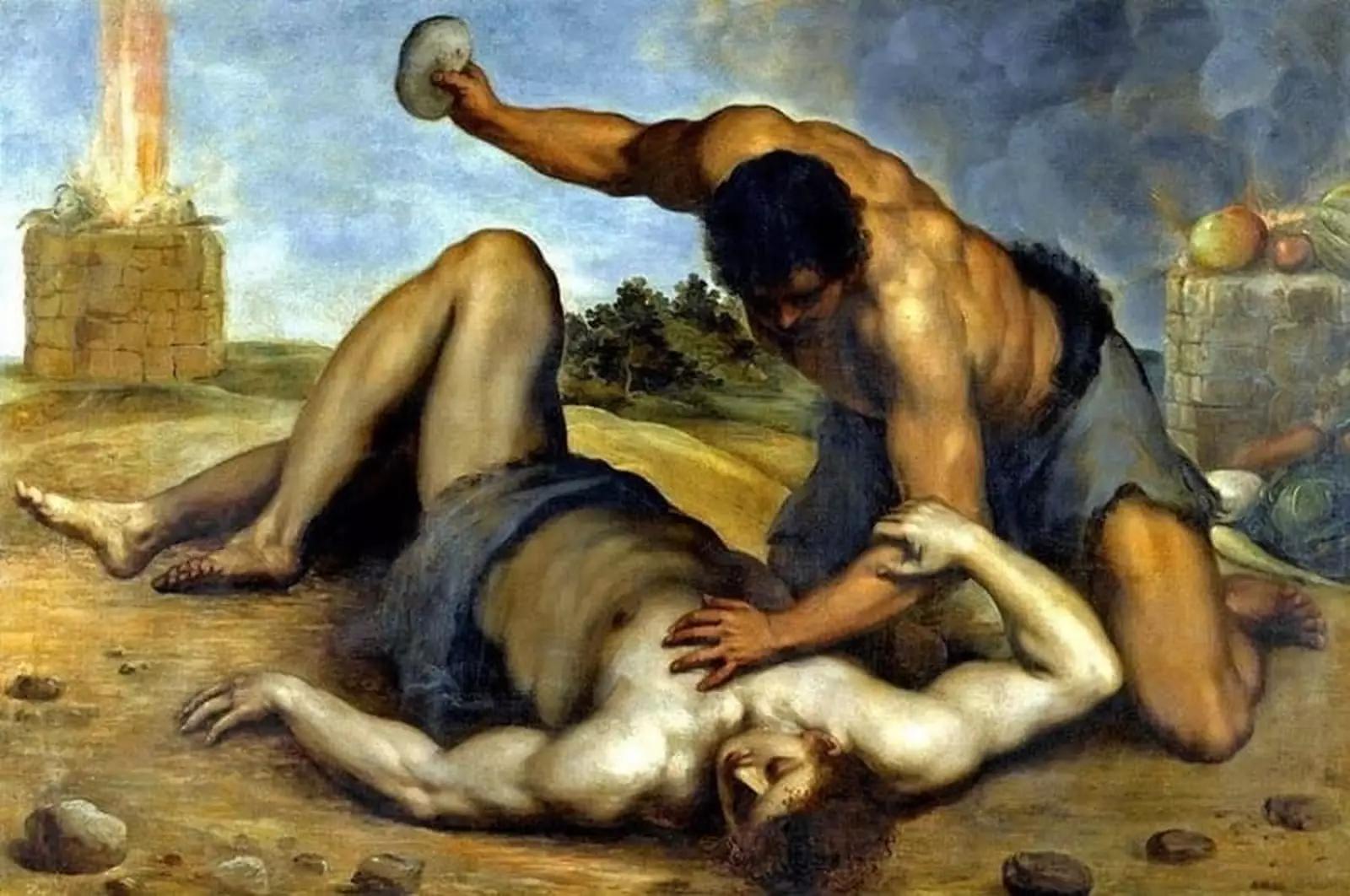 A Renaissance painting showing the muscular figure of Cain kneeling over his brother Abel, raising a large stone to strike him while Abel lies wounded on the ground.