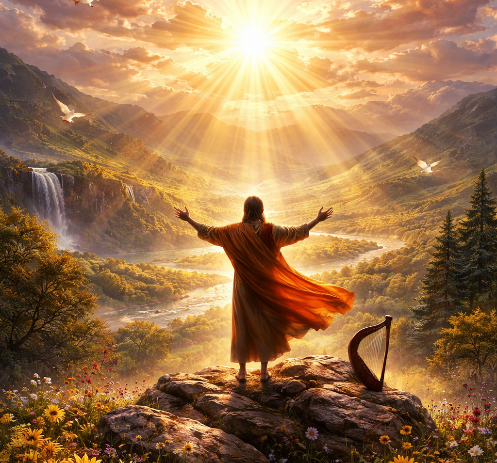 A robed figure stands on a rocky mountain peak with arms outstretched toward a radiant, sunlit sky, overlooking a lush valley with a river, waterfall, and wildflowers.