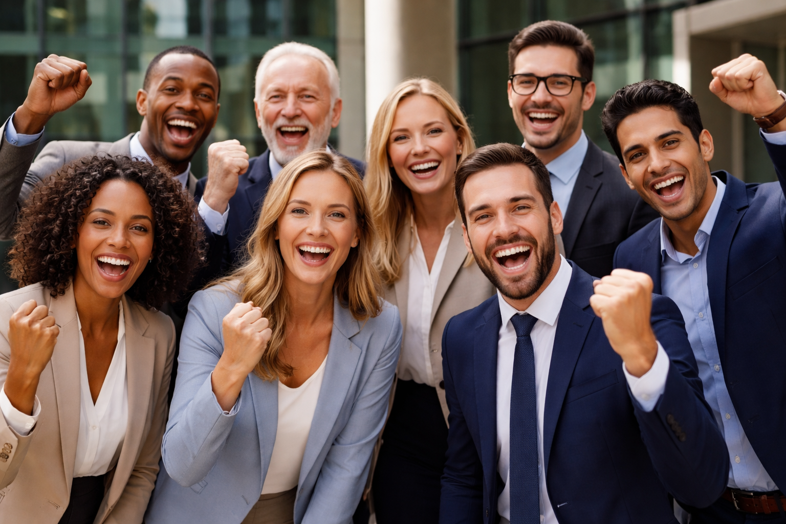 A diverse group of eight smiling business professionals in corporate attire, cheering and raising their fists in celebration.