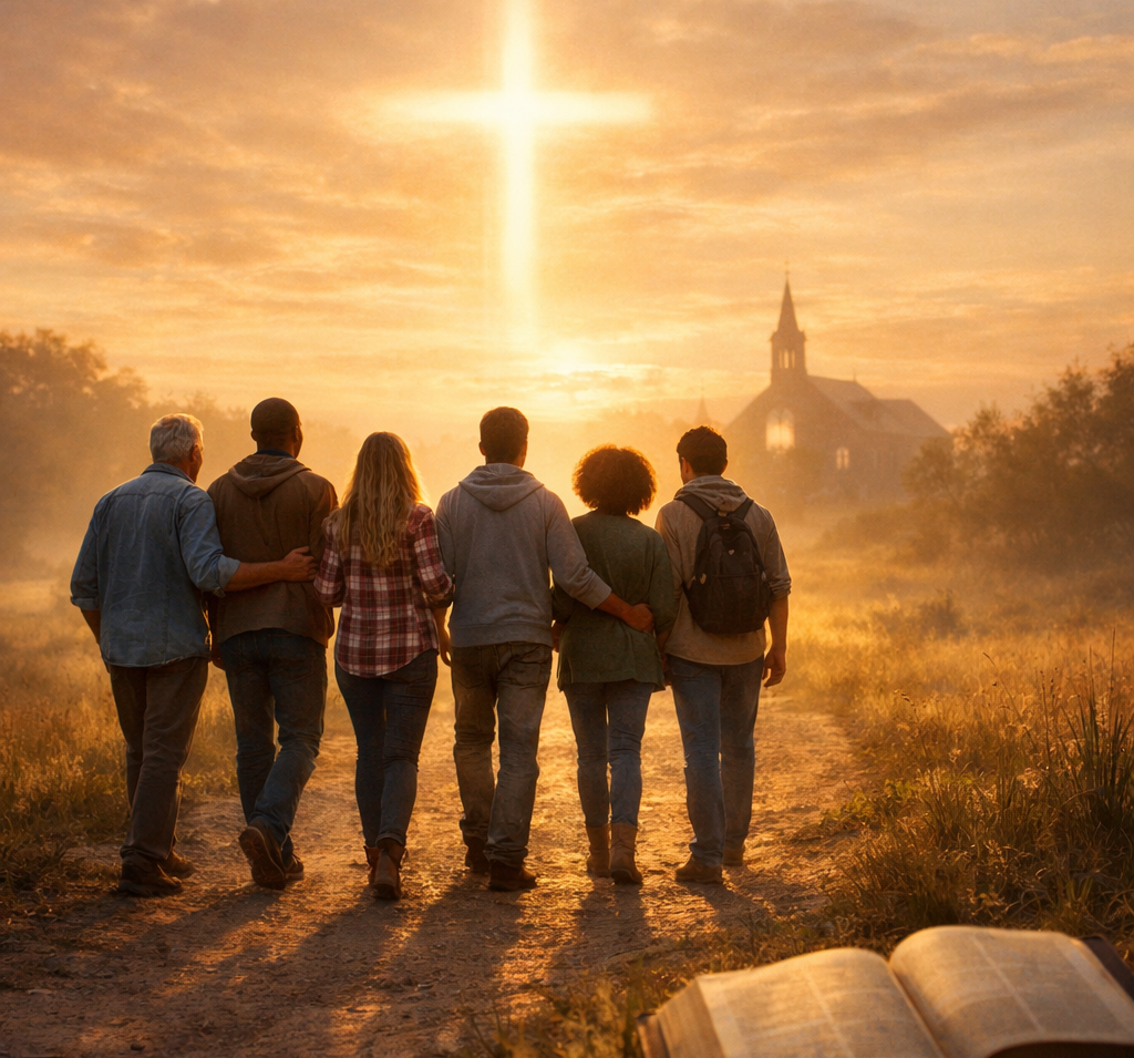 A diverse group of six friends walking down a dirt path toward a glowing cross in a golden sunrise sky, with a church in the background and an open Bible in the foreground.