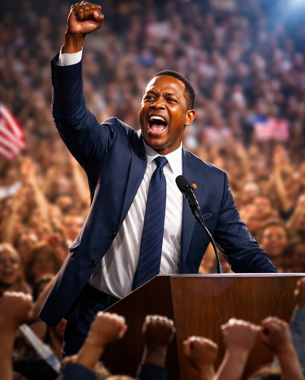 A high-energy photograph of a Black man in a professional navy suit standing at a wooden podium, raising a clenched fist in a victory salute while shouting passionately to a blurred, cheering crowd.