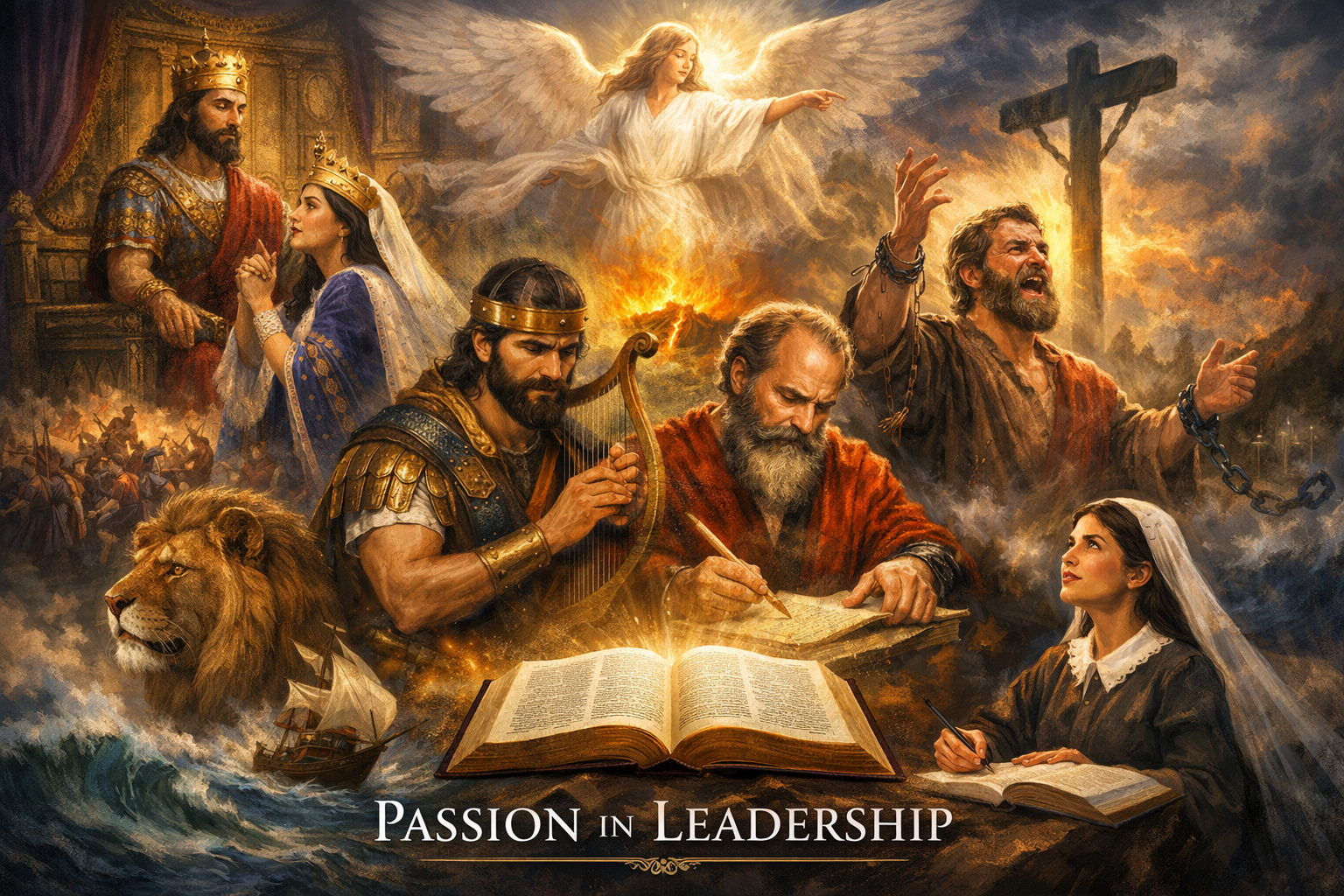 A dramatic, classical-style digital painting titled "Passion in Leadership," featuring a collage of biblical figures including Queen Esther in prayer, King David with a harp, the Apostle Paul writing epistles, and Peter in chains near a cross, all overseen by a radiant angel and an open Bible.