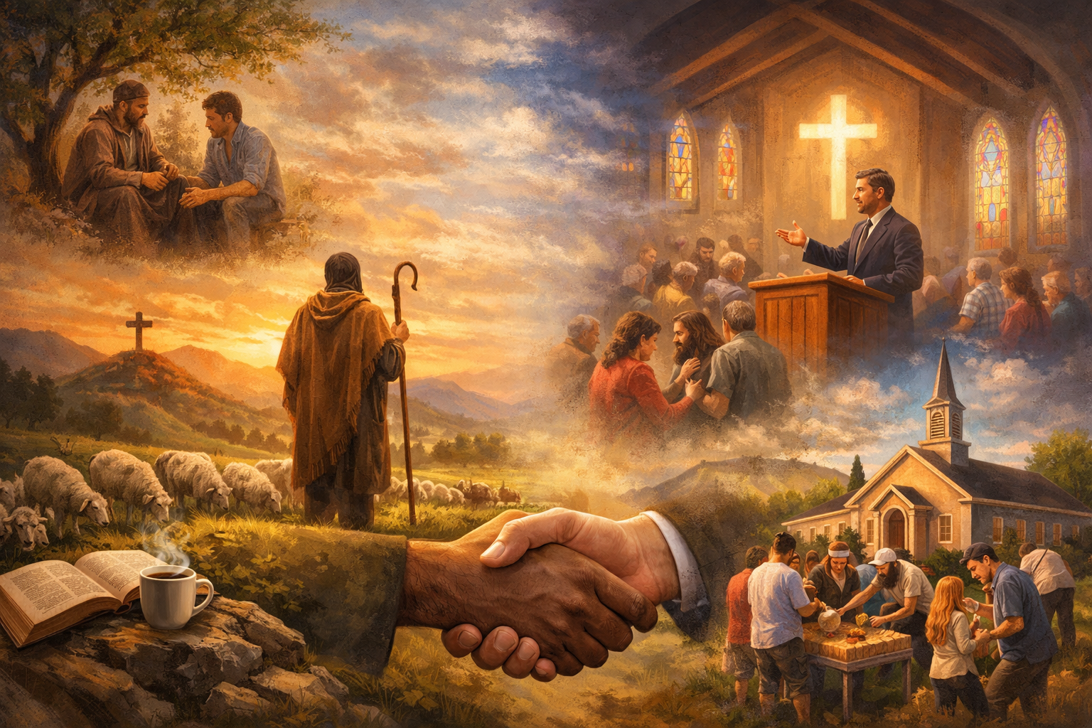 A digital painting depicting various scenes of Christian faith: a shepherd overlooking a flock, a handshake between two people of different races, a pastor preaching in a church, and people serving food outdoors, all set against a warm, golden sunset.