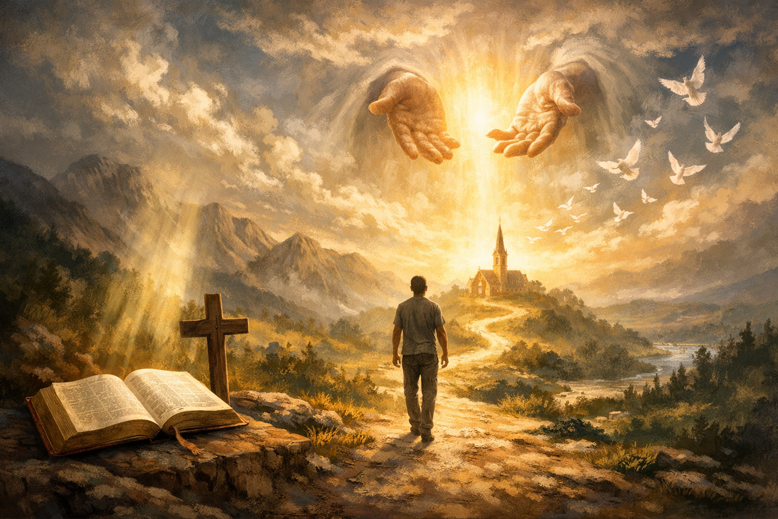 An oil-painting style illustration of a man walking down a sunlit mountain path toward a small church, while giant divine hands emerge from a glowing sky filled with white doves. An open Bible and a wooden cross sit in the foreground.