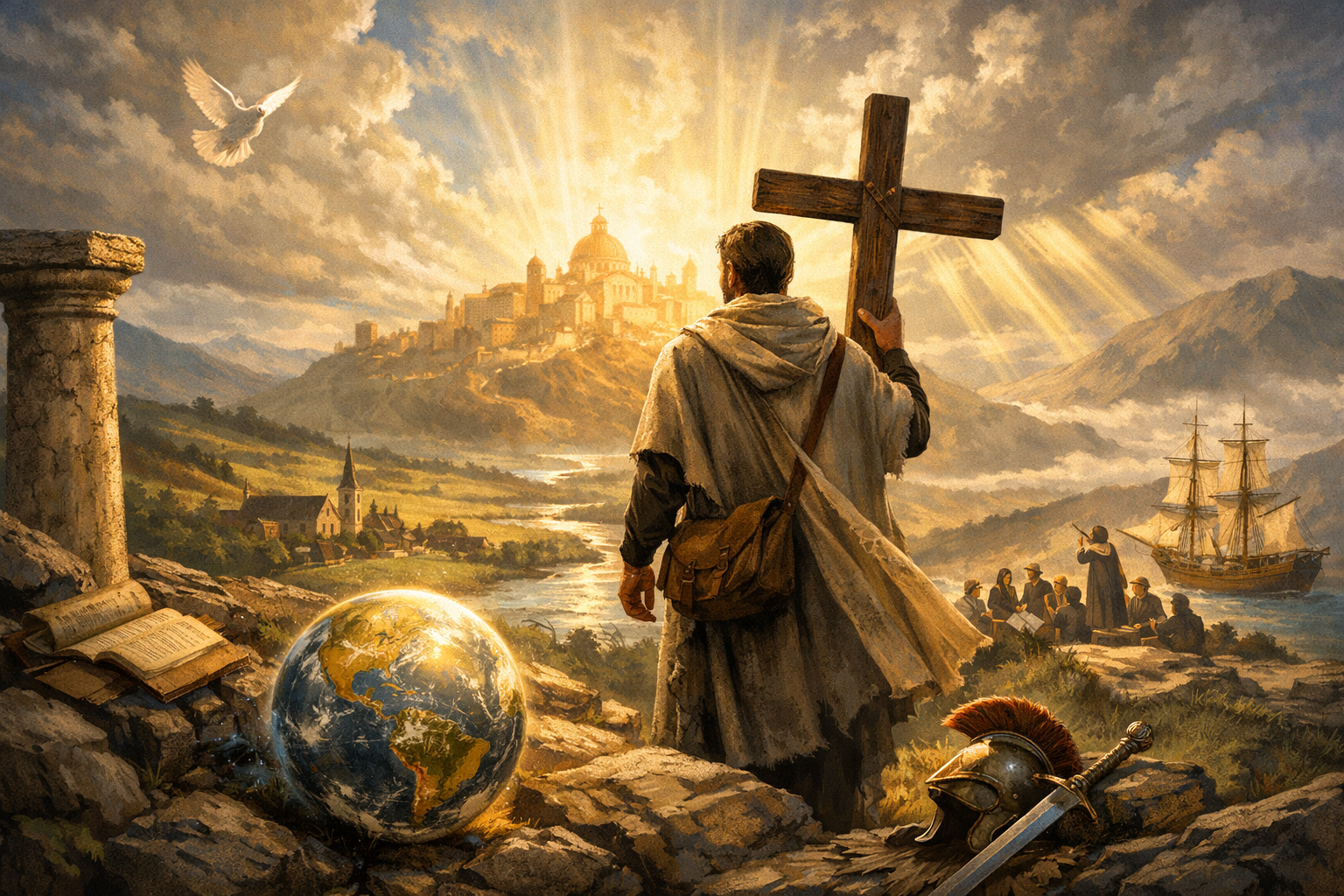 A digital painting of a traveler in a brown cloak holding a large wooden cross, overlooking a golden city on a hill and a coastal landscape with a ship and a globe.