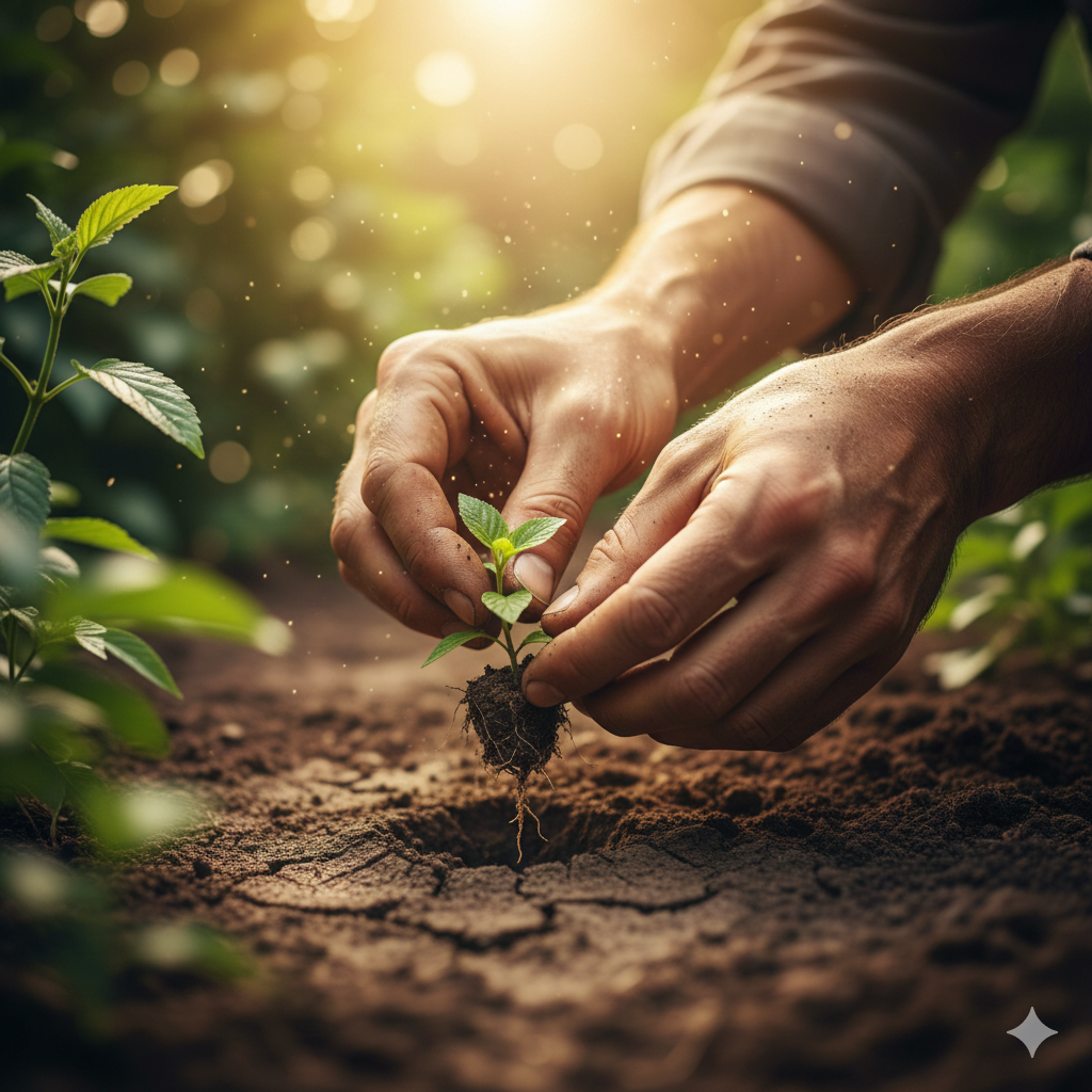 A close-up of a gardener's hands gently placing a small, leafy green seedling with visible roots into the brown soil of a field, bathed in warm sunlight.