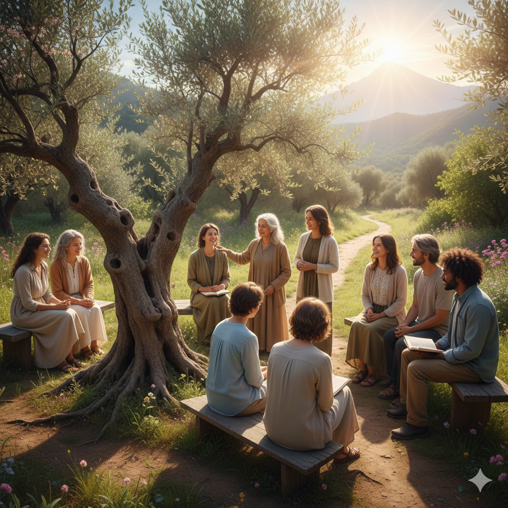 A diverse group of people sitting outdoors under a large, ancient olive tree, engaged in deep, relational discussion and study in a sunny, peaceful rural setting with rolling hills in the background.