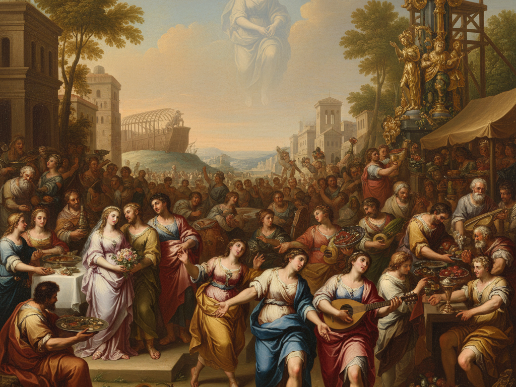 A classical-style painting depicting a crowded, festive scene where people are engaged in merrymaking, dancing, eating, drinking, and celebrating around a large golden idol, with a partially constructed ark visible in the distant background.