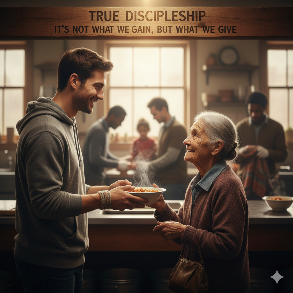 A young man smiling as he hands a steaming bowl of food to an elderly woman in a warm, busy kitchen, symbolizing Christian charity and service.