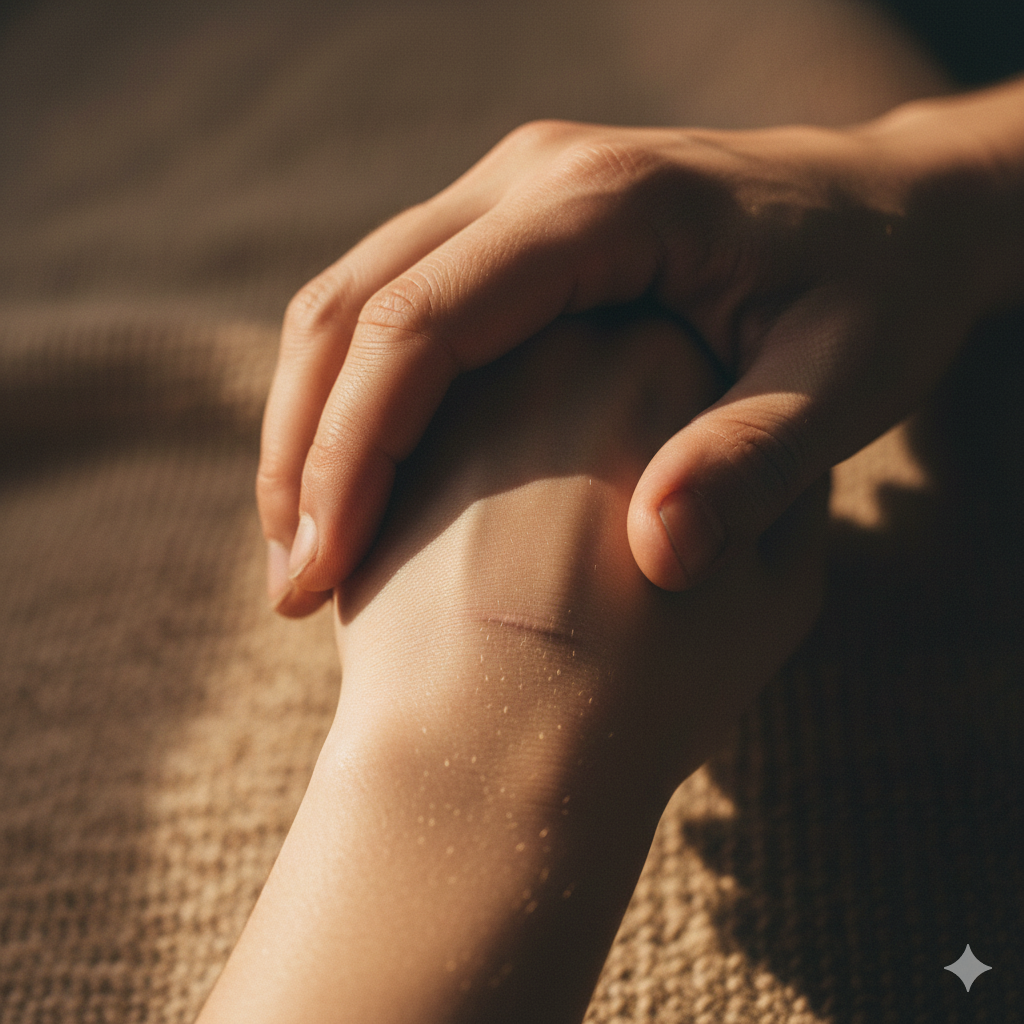 A tender, close-up photograph showing a person's fingertips lightly touching or tracing a faint, healed scar on the skin of their arm or shoulder.