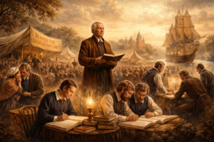 An evocative oil-painting style illustration of 19th-century Millerites; in the foreground, men intensely study and write in large books by the glow of an oil lamp, while a central figure stands with an open Bible. In the background, a banner reads "BEHOLD THE BRIDEGROOM COMETH" above a massive crowd and a large sailing vessel anchored in a golden-lit harbor.