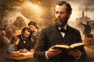 A digital painting of J.N. Andrews holding an open Bible, framed by a montage of his life's work: a crowded tent camp meeting on the left and a steamship at a dock with a man waving farewell on the right.