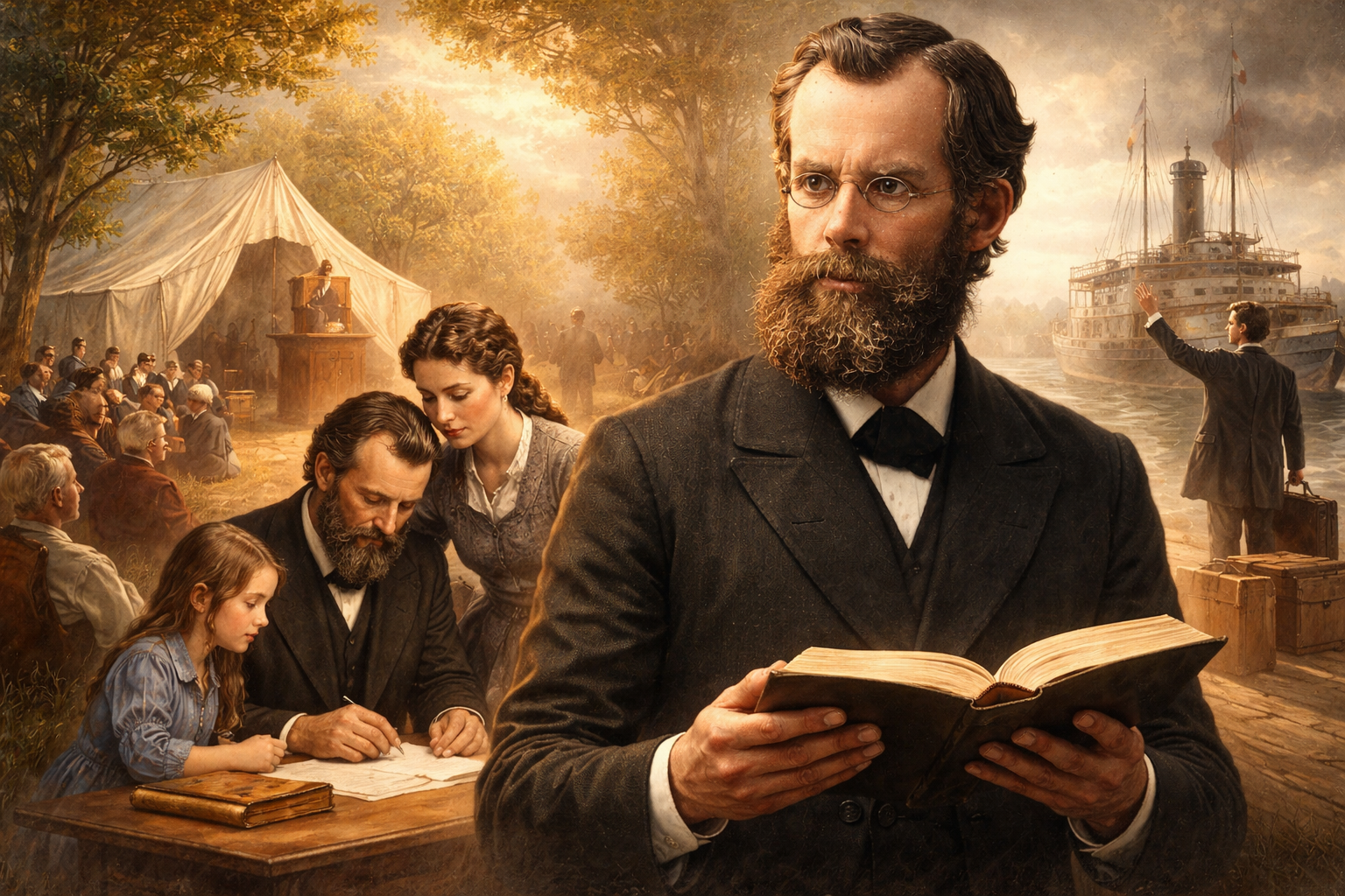 A digital painting of J.N. Andrews holding an open Bible, framed by a montage of his life's work: a crowded tent camp meeting on the left and a steamship at a dock with a man waving farewell on the right.
