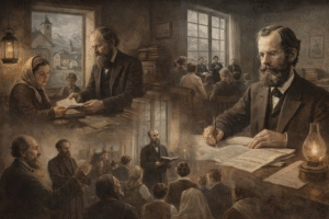 A sepia-toned digital montage illustrating 19th-century Adventist mission work in Europe, featuring a bearded man writing by lamplight, scenes of public preaching, and the distribution of religious tracts to families in a mountainous European village.