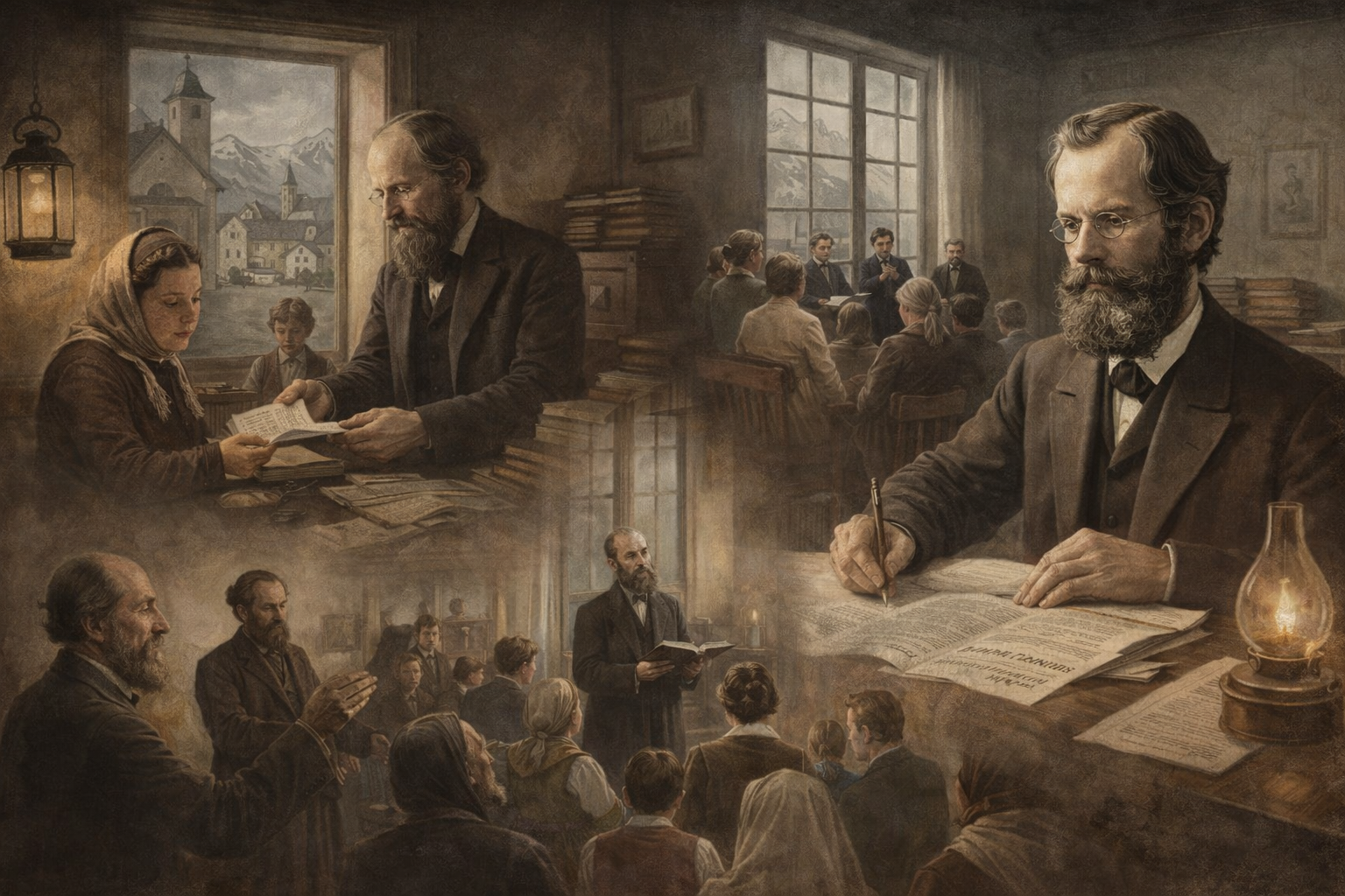 A sepia-toned digital montage illustrating 19th-century Adventist mission work in Europe, featuring a bearded man writing by lamplight, scenes of public preaching, and the distribution of religious tracts to families in a mountainous European village.