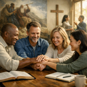 A diverse group of four smiling people sitting around a wooden table, stacking their hands together in the center with an open Bible and notebooks nearby.