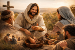 An AI-generated depiction of Jesus Christ smiling and gesturing while sitting with a group of people in a sunlit, rural landscape, featuring a wooden cross in the background and a bowl of bread in the foreground.