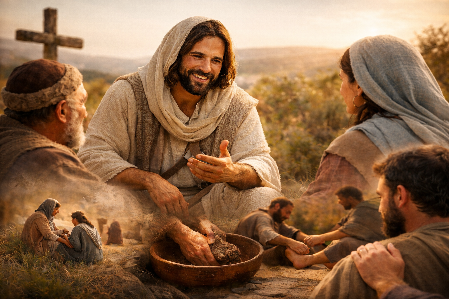 An AI-generated depiction of Jesus Christ smiling and gesturing while sitting with a group of people in a sunlit, rural landscape, featuring a wooden cross in the background and a bowl of bread in the foreground.