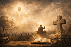 A digital illustration featuring an open Bible on a stone altar in the foreground, with a man preaching from a podium toward a large crowd, while a towering, ethereal figure of Jesus Christ appears in the golden clouds above.