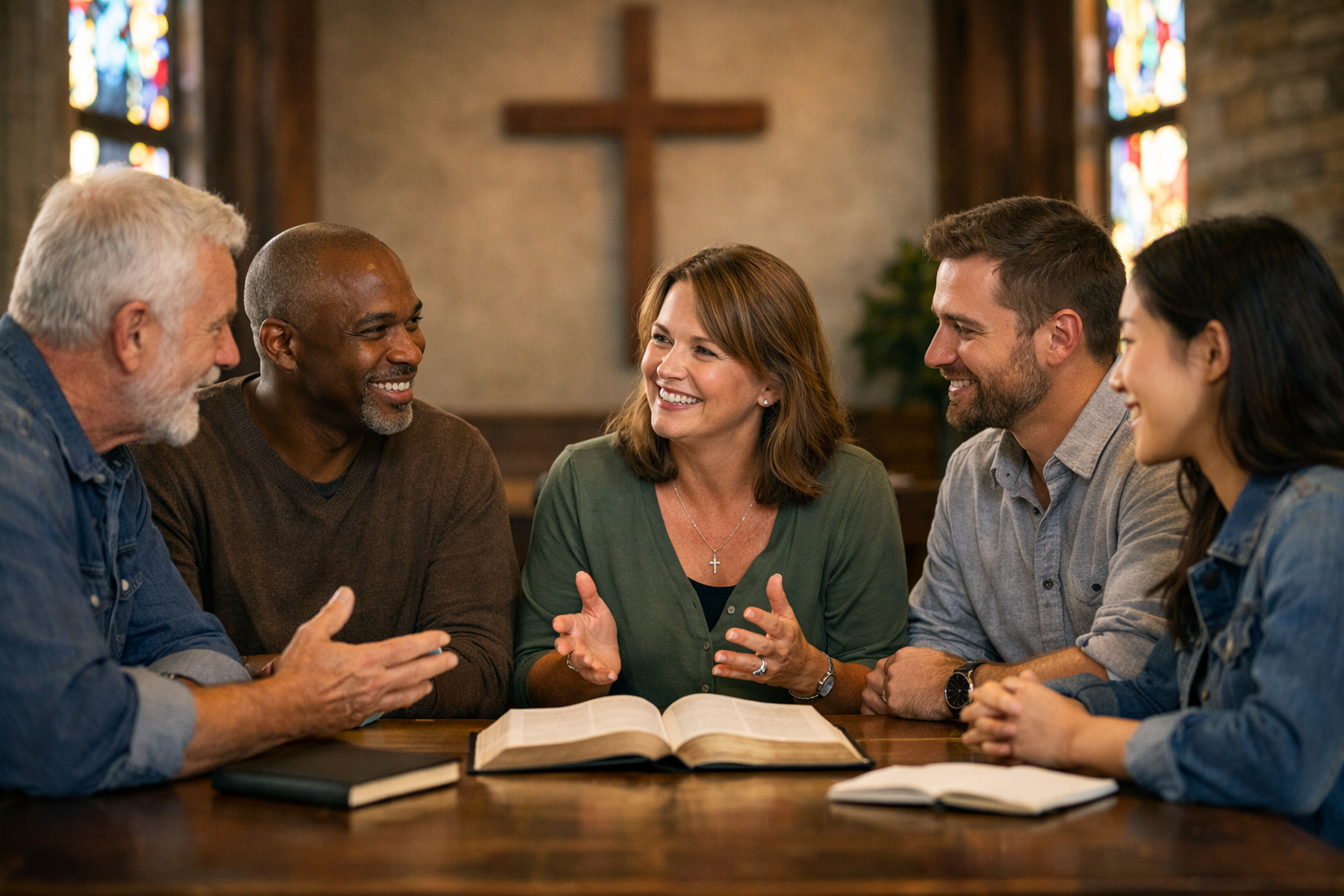 A diverse group of five adults sitting around a wooden table in a church setting, engaged in a friendly Bible study discussion.