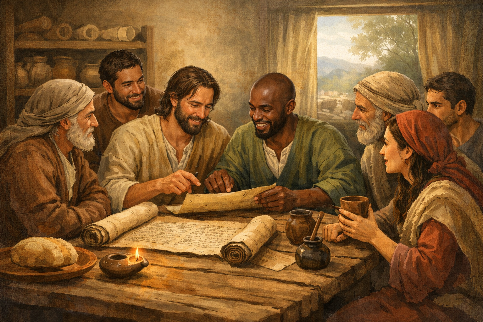 An oil-painting style illustration of a diverse group of men and a woman gathered around a wooden table in a rustic room, smiling and studying a large ancient scroll together by candlelight.