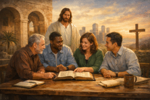 A digital painting showing a diverse group of four people—two men and two women—sitting at a wooden table outdoors, smiling while reading a large open Bible together. Standing behind them is a depiction of Jesus Christ in white robes, with a background featuring ancient stone arches on one side and a modern city skyline with a cross on the other during a golden sunset.