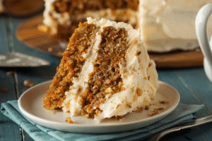 A thick slice of three-layer carrot cake with cream cheese frosting and visible walnuts on a speckled grey plate.