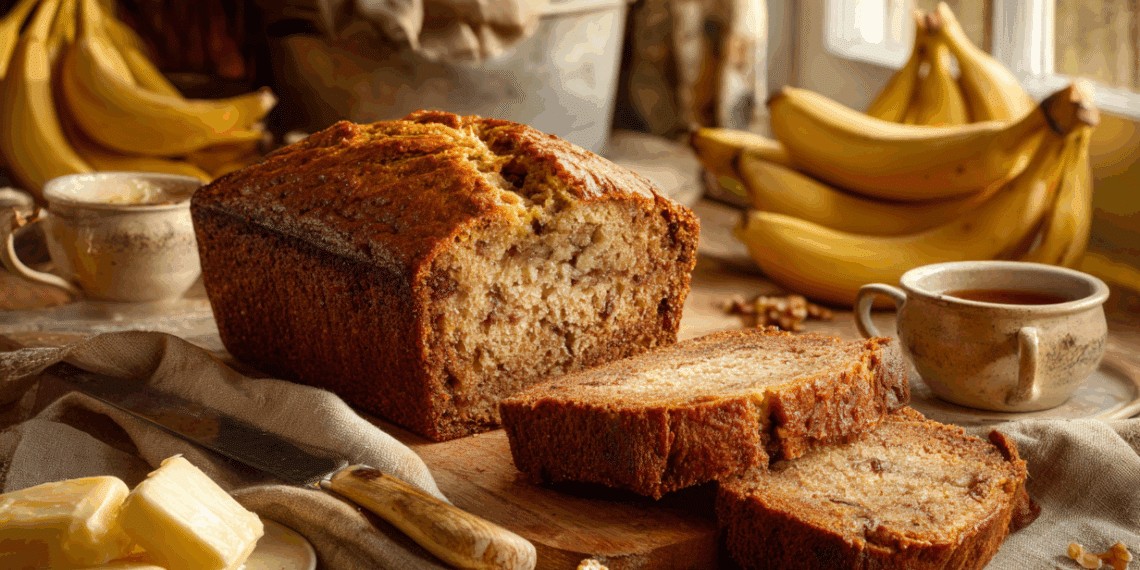 A sliced loaf of golden-brown banana bread on a wooden cutting board, surrounded by fresh yellow bananas, butter, and a cup of tea.