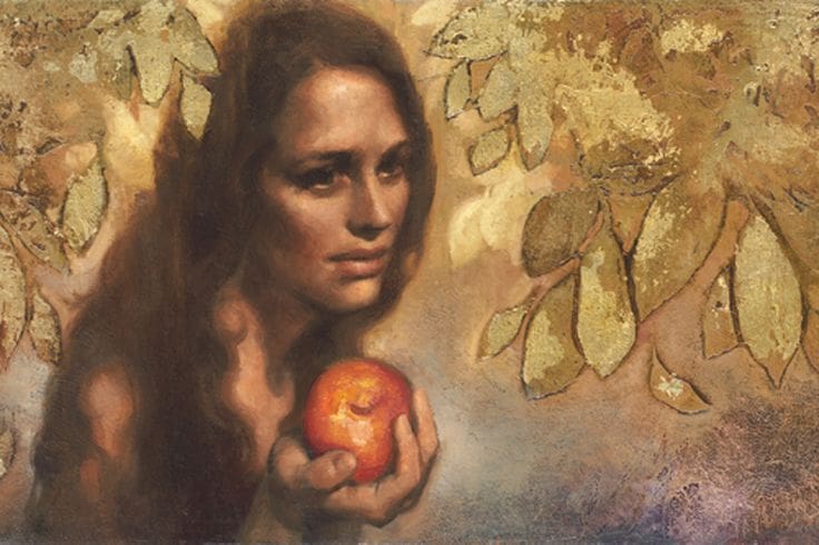 A classical-style painting of a woman with long dark hair holding a bright red apple, set against a textured gold and earthy-toned background of leaves.