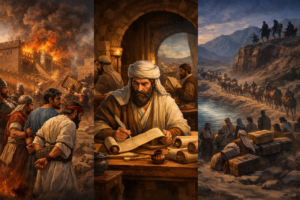 A triptych of three illustrative paintings depicting a historical biblical narrative. The left panel shows the burning of Jerusalem with captives, the center panel features a scholar writing a scroll in an ancient library, and the right panel shows a caravan traveling through a mountainous landscape.