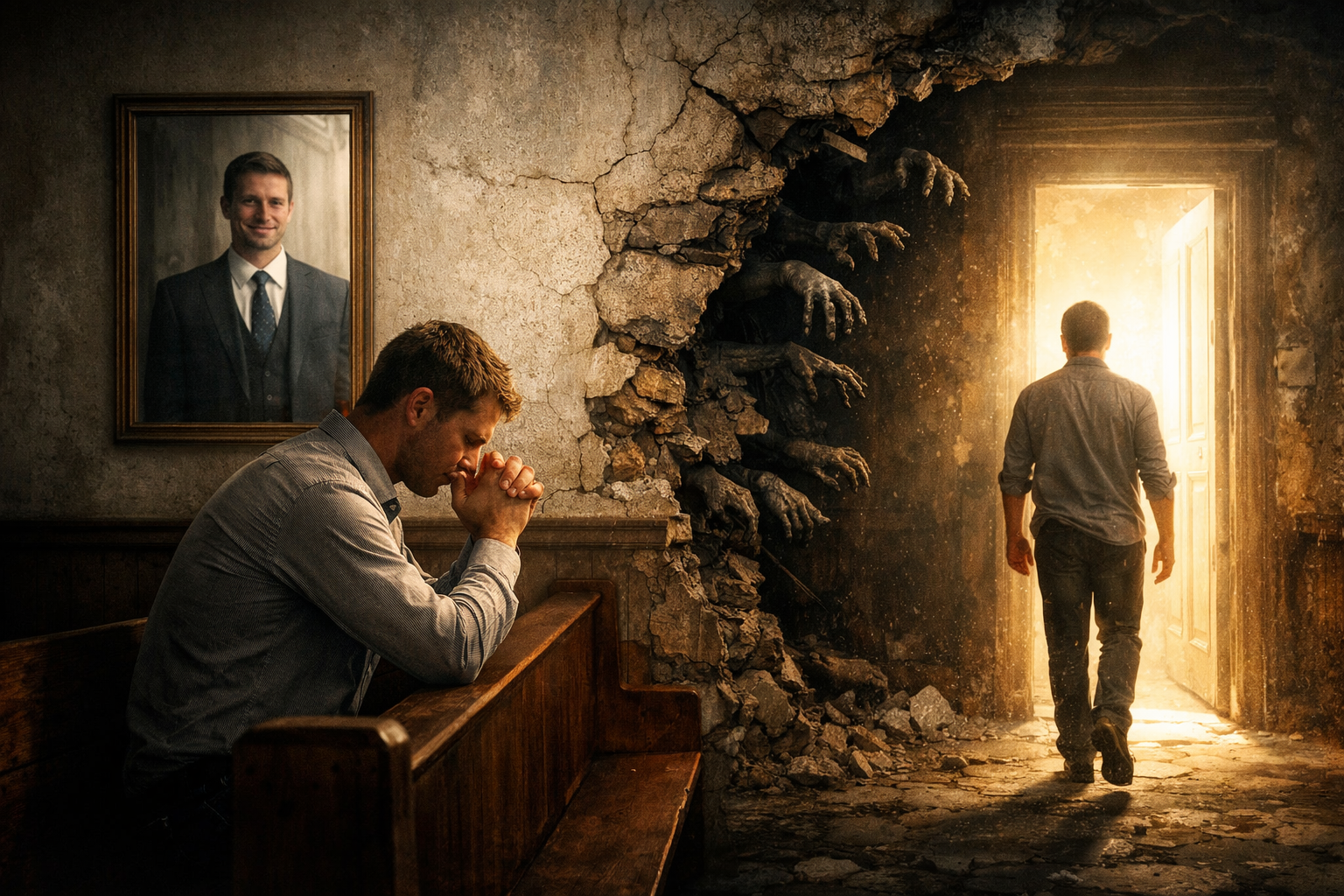 A man with an honest heart sits praying in a church pew, a portrait of a smiling businessman behind him.