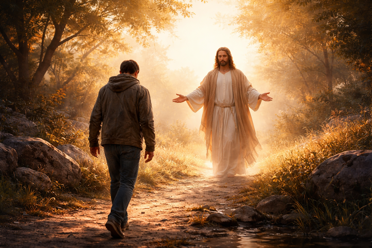 A man in modern clothes walks along a forest path towards a luminous figure of Jesus with arms outstretched.
